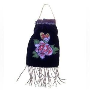 IPA-NIMA Black Velvet Pink Beaded Evening Bag Floral Feather Purse - Whimsygoth
